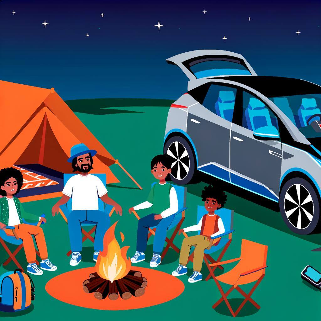 Can you generate a photo of a family who is car camping in their electric vehicle? Can you include a tent, a fire, and camping chairs?